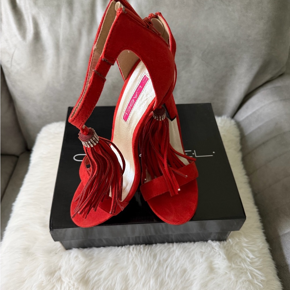 C Label Red Suede Fringe High Heel Sandals